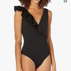 BCBGMAXAZRIA Women's Knit Plunging Ruffle Bodysuit